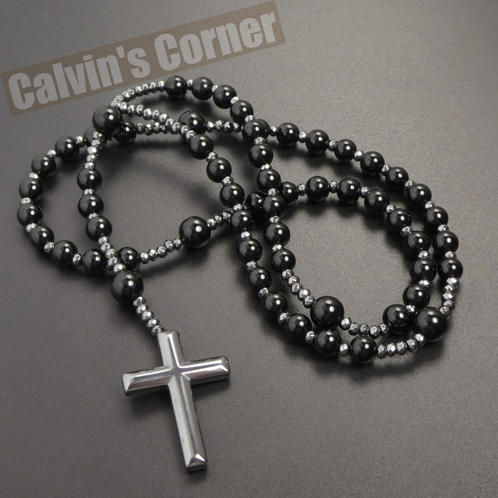 Black Onyx Bead Hematite Cross Rosary Necklace Catholic Men Women Gift Hanging