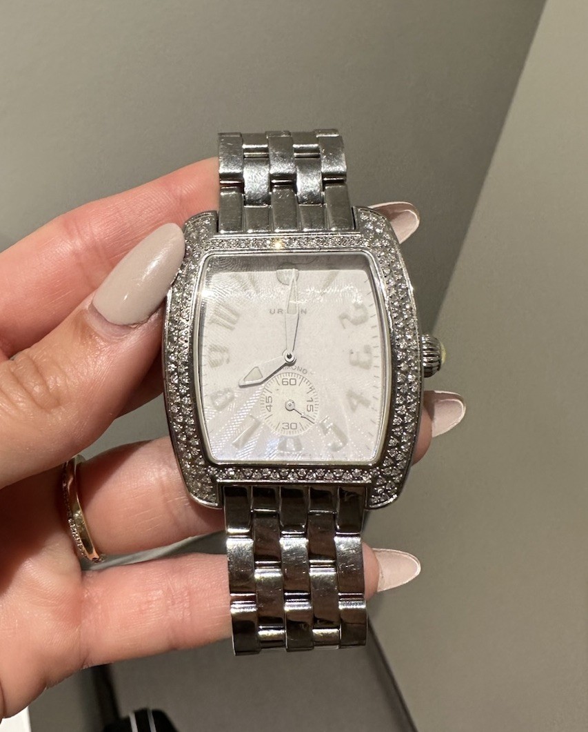 MICHELE Urban Diamond Bezel Quartz 38mm Tonneau White Dial Silver Bracelet