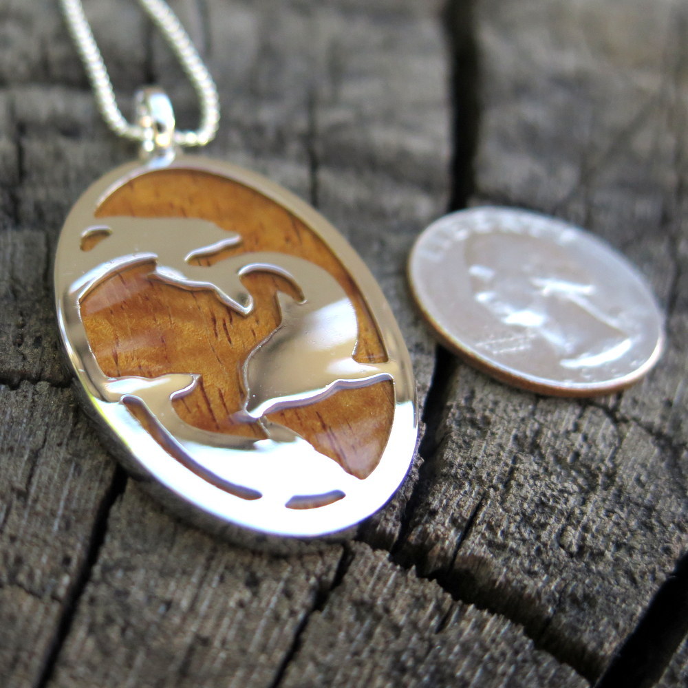 Koa Wood Hawaii Jewelry Dolphin Oval Silver Rhodium Plated Brass Pendant BRP1069