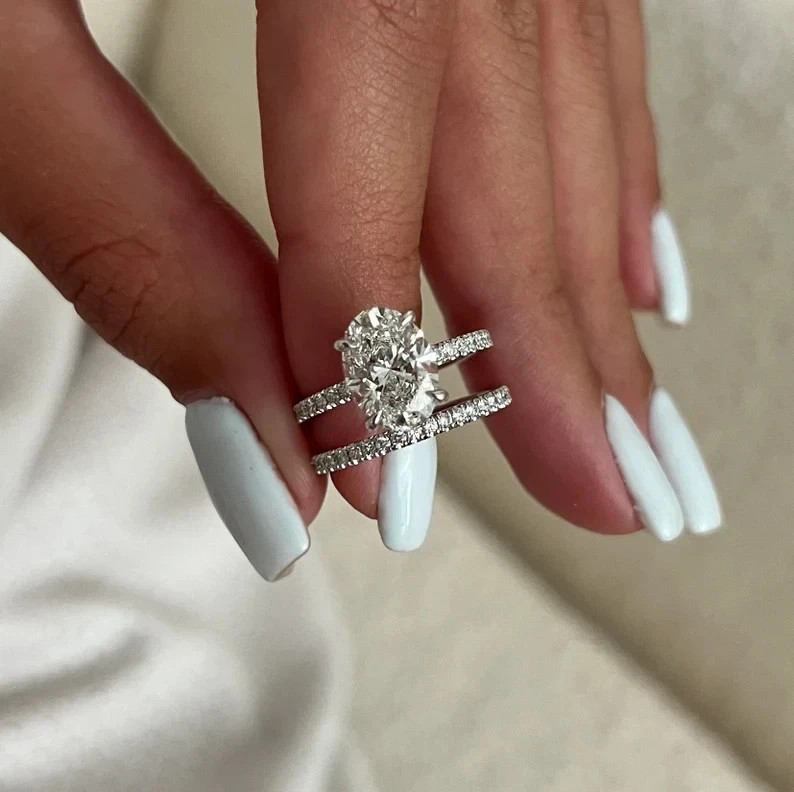 2.4 Carat Oval Set Diamond Ring Set Wedding Lab Grown IGI 14k White Gold VVS E F