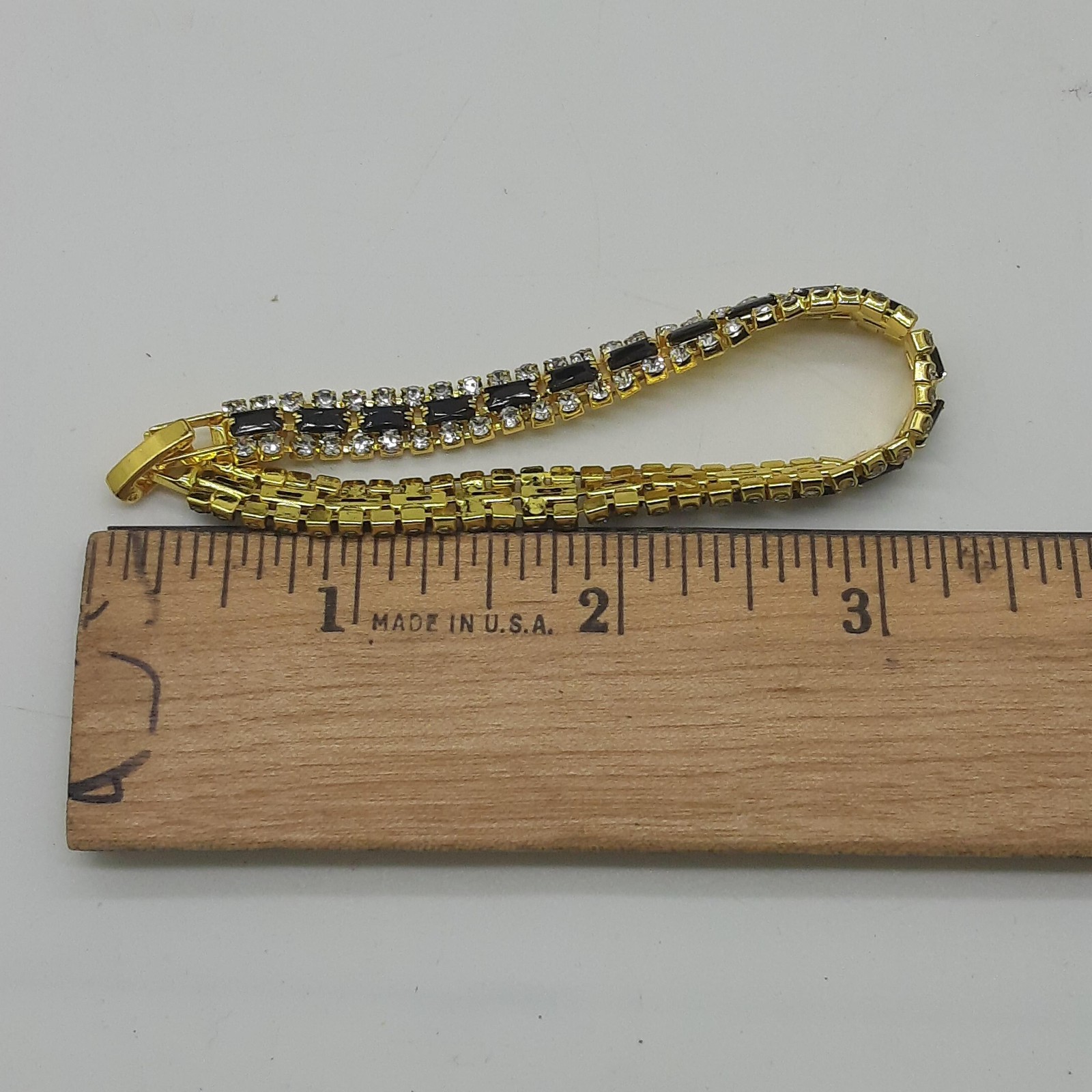 Gold Tone Clear Black Rhinestone Double Row Tennis Bracelet Womens 7in Box Clasp