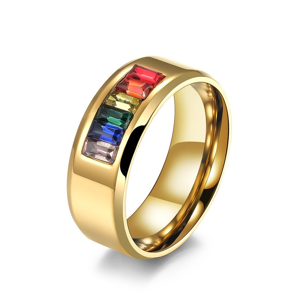 Rainbow LGBTQ Pride Colored Gem Band Ring in Stainless Steel