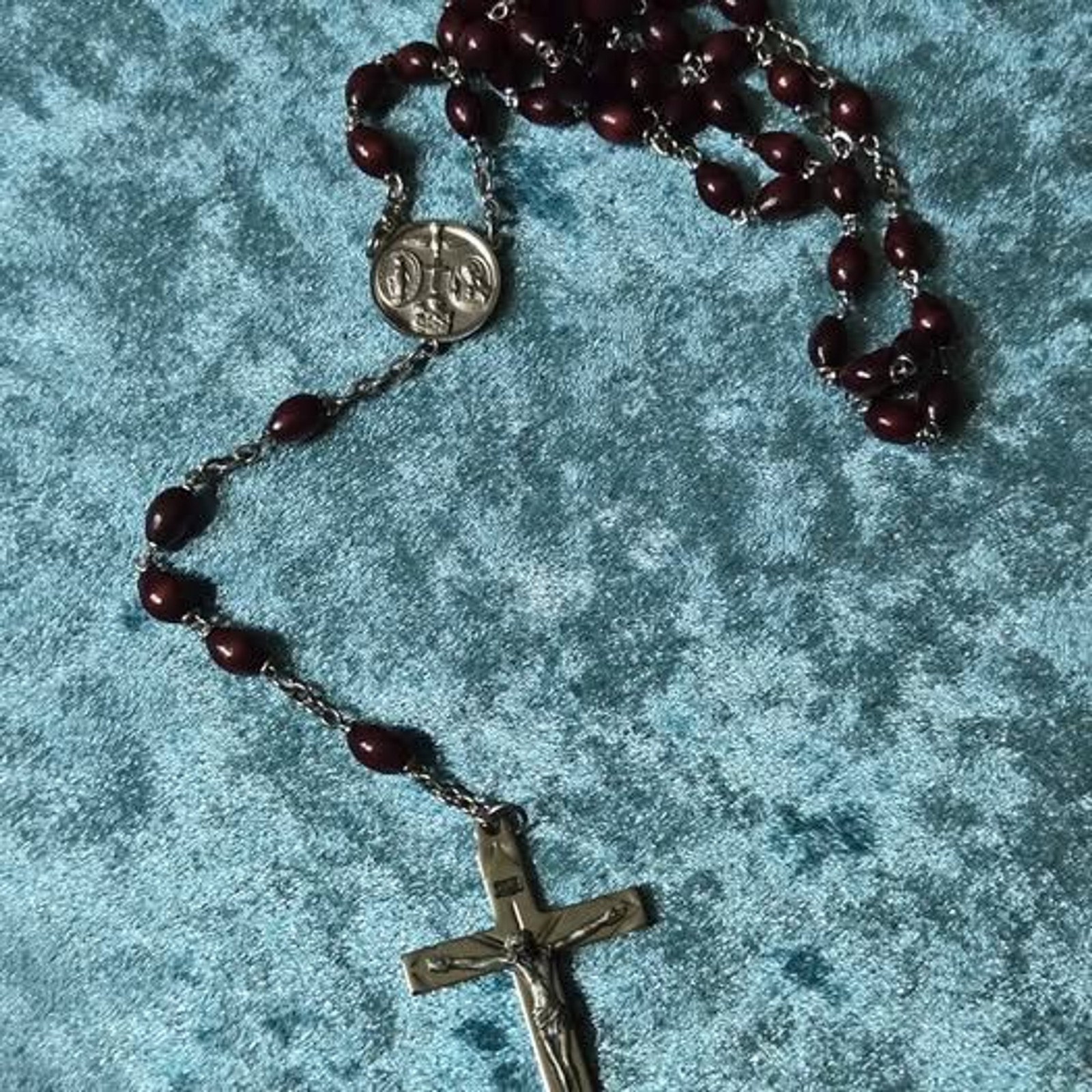Rosary Wood Beads Silver Colored Cross