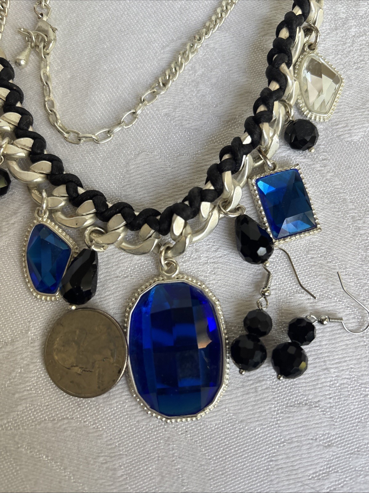 Park Lane Fascinated Necklace Satin Brushed Silver Tone Blue Black & Bns Earring