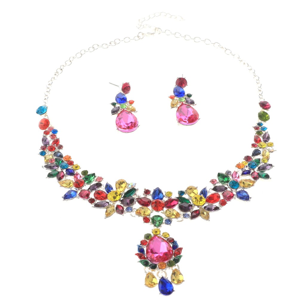 Silver Tone Alloy Metal Rhinestone Necklace Earring Set S20703-SMUT