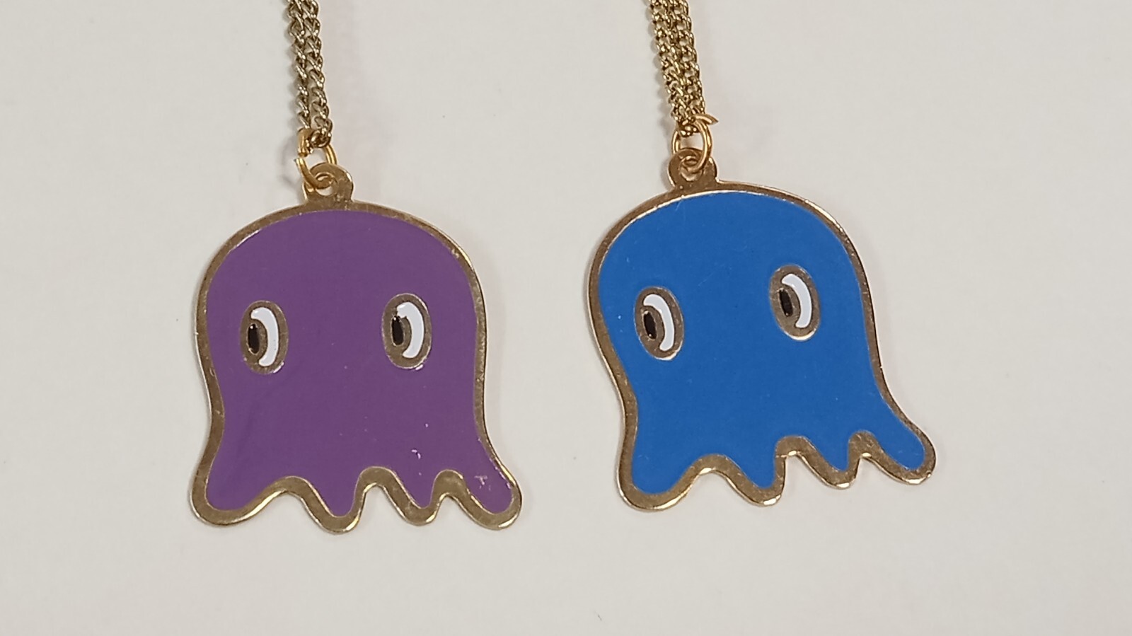 (2) Vintage Pac-Man Ghost Characters Necklaces Purple/Blue