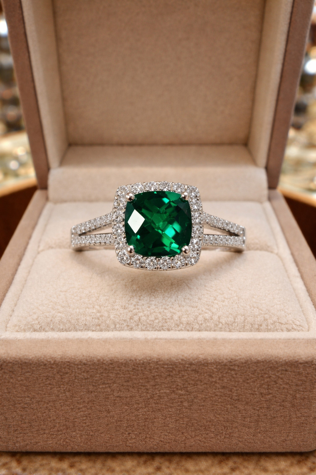 3.20 Ct Cushion Cut Natural Emerald & Diamond Wedding Ring 14K White Gold Size 8