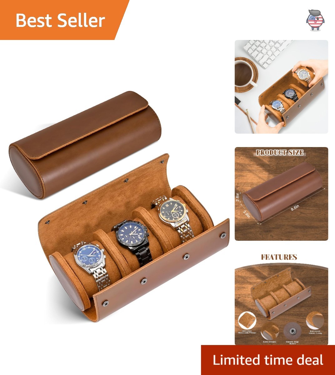Compact 3-Watch Roll Case with Secure Button Closure – Ideal for Home and Travel