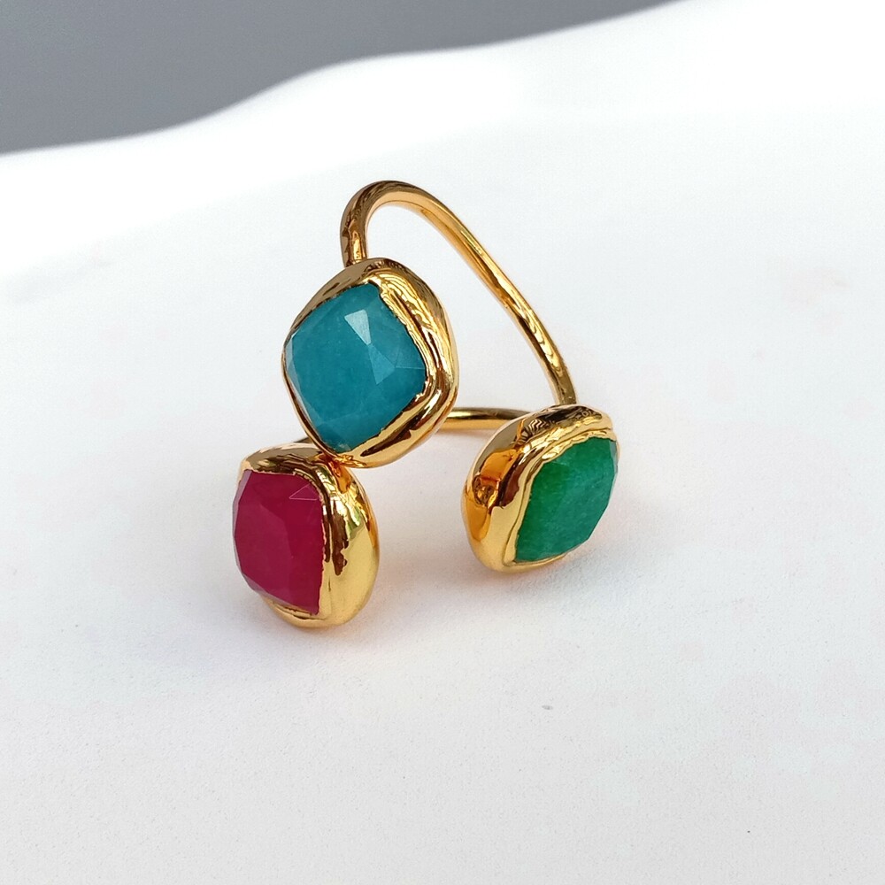 Green Blue Red Jade Gold Plated Adjustable Ring Handmade Jewelry