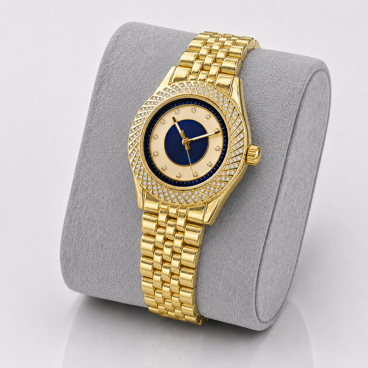 Mens Gold Tone Iced Out Quartz Watch Blue Dial Crystal Bezel Dress Watch 43mm