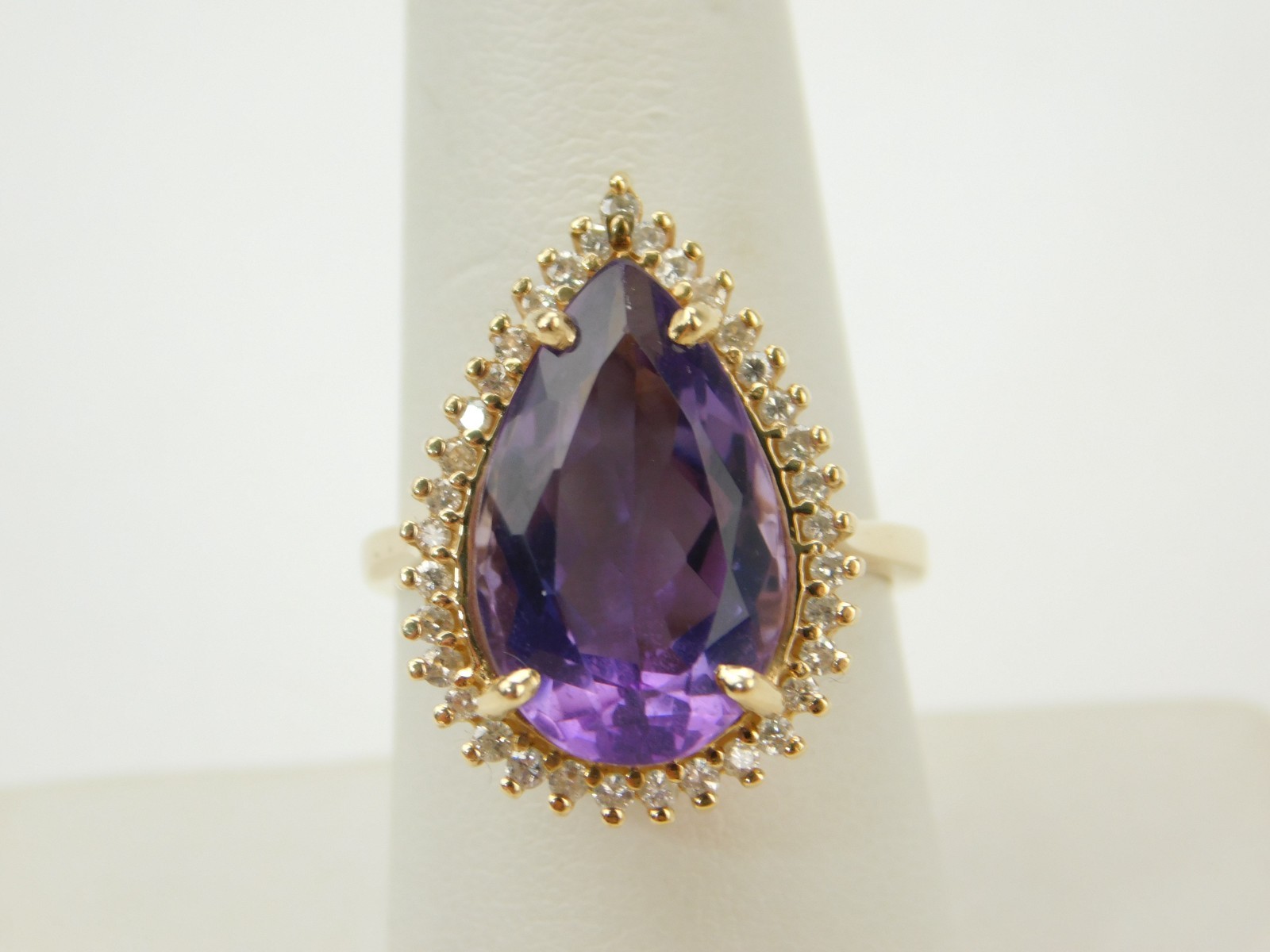 18×10.8mm Pear Cut Lab Created Amethyst Diamond Halo 14k Gold Sz 8 Cocktail Ring