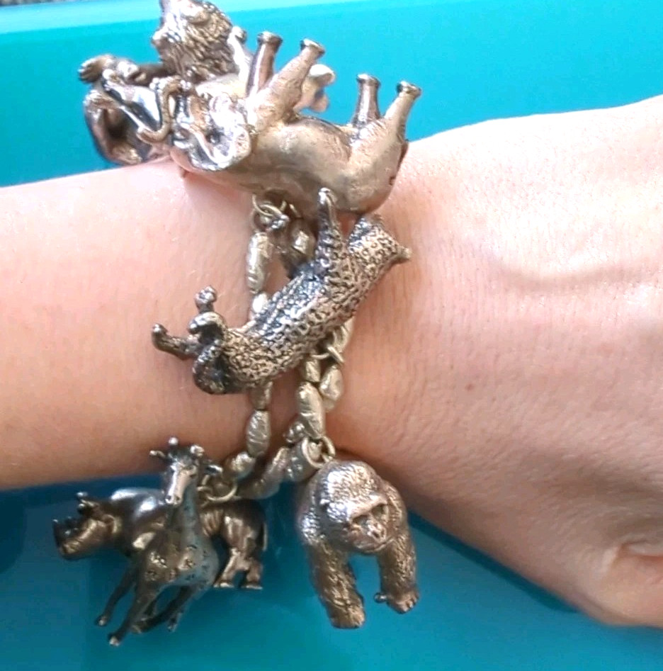 Sterling Silver 114 g 3D SAFARI ZOO Animal Bracelet Lion Gorilla Tiger Elephant*