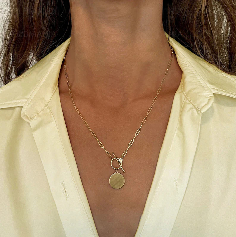 14K Gold Paper Clip Oval Chain Disc Charm Necklace w/ Toggle Clasp, 2.75mm