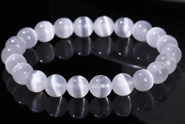 White Selenite Cat Eye Beaded Bracelet Purity Protection Gift For Women Men 8mm
