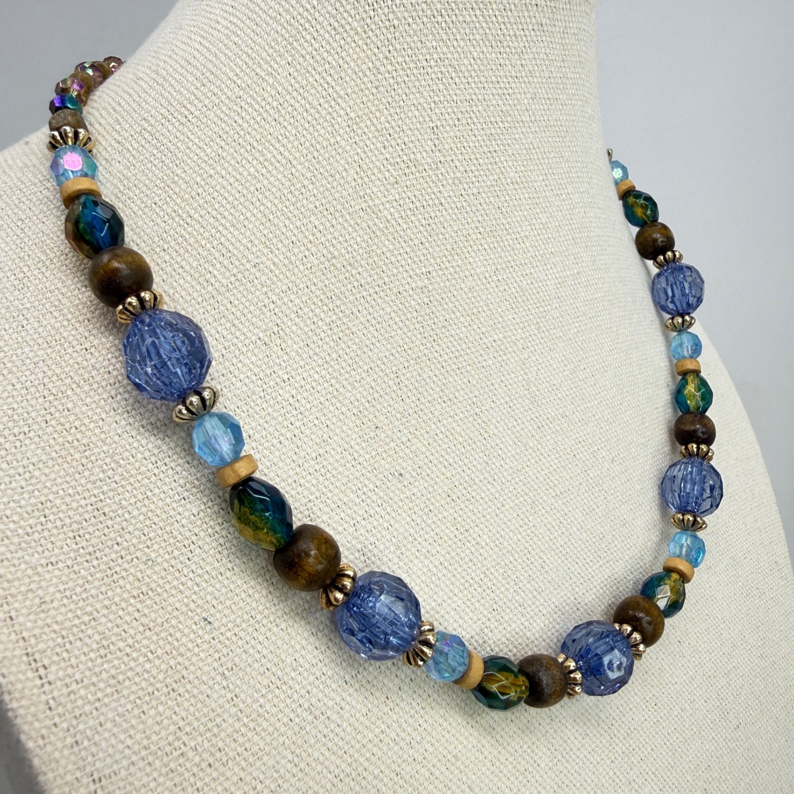 Iridescent Beaded Necklace Blue Green Gold Tone Adjustable