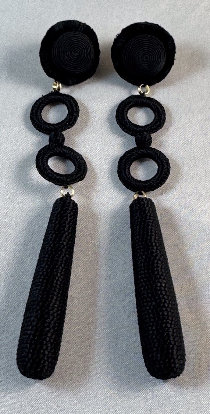LEYLA GANS Gold Tone Amelie Wrapped Cord Drop Earrings ~ Black silk cord~Pierced