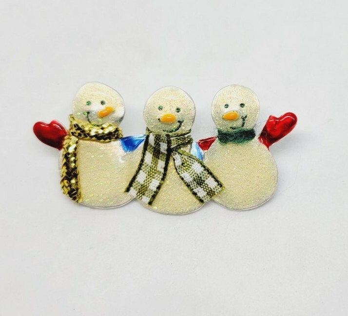 AJMC Happy Triple Snowmen Brooch Christmas Winter Holiday Metallic 2.5″