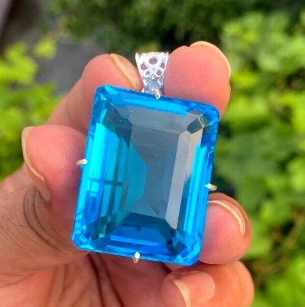 105 Ct Natural Blue Topaz Emerald Cut Certified 925 Solid Silver Pendant