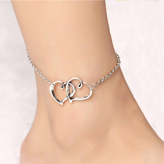 Cute Beach Anklet Foot Jewelry Couple Double Heart Chain Ankle Bracelet 10 inch