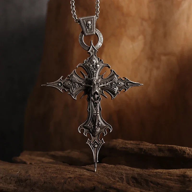 Vintage Gothic Skull Jesus Cross Pendant Necklace Catholic Jewelry for Men Punk