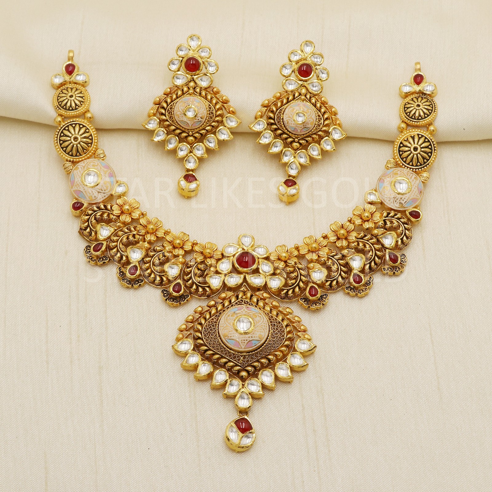 22K Yellow Gold Kundan Meenakari Choker Necklace Earrings Set Bridal 46g Fine