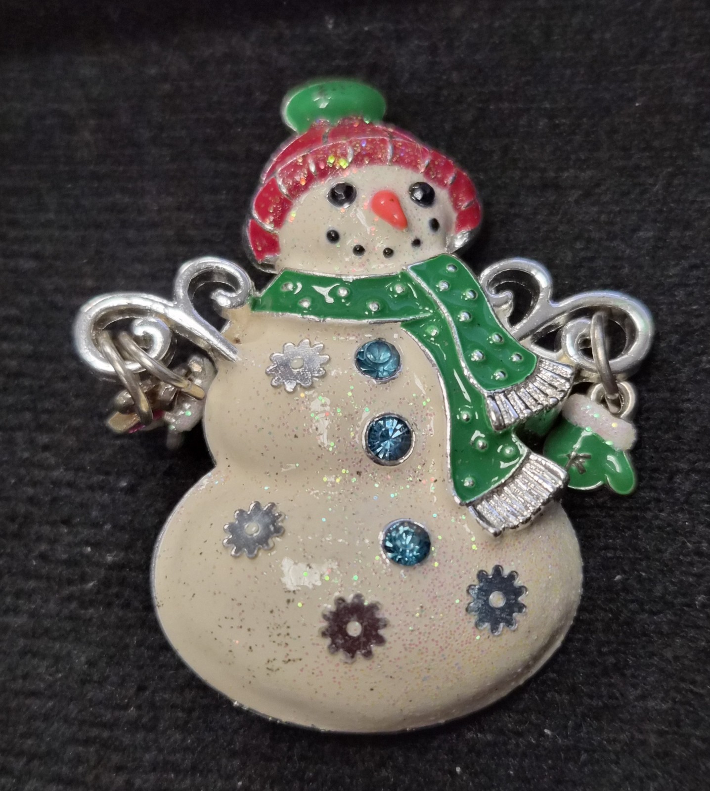 Vintage 90’s Christmas Rhinestone & Enamel Snowman Holding Charms Pin / Brooch