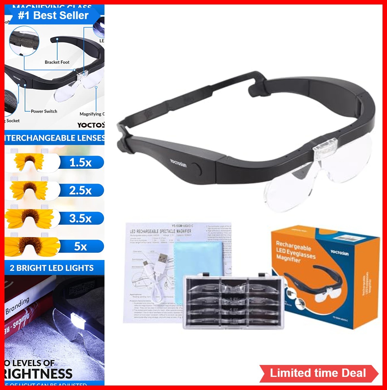 Rechargeable Magnifying Glasses Hands Free Head Magnifier 2 LED Lights