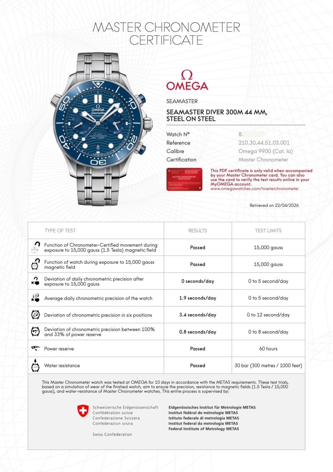 Omega Seamaster Diver 300M Chronograph 44 210.30.44.51.03.001 Blue Wave Warranty