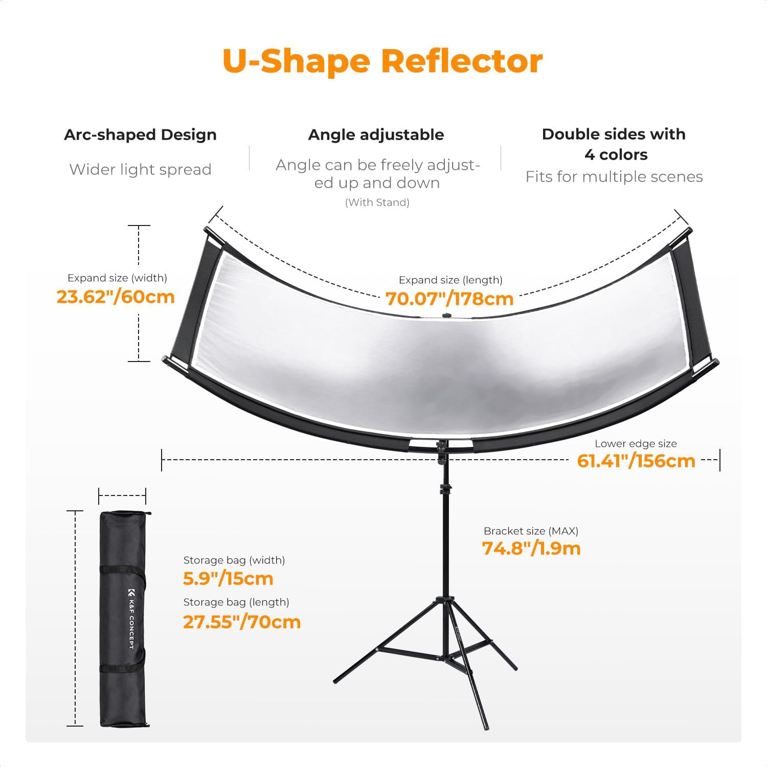 K&F CONCEPT U-Shape Reflector Curved Reflector 180x60cm with 4-in-1 Reflective F