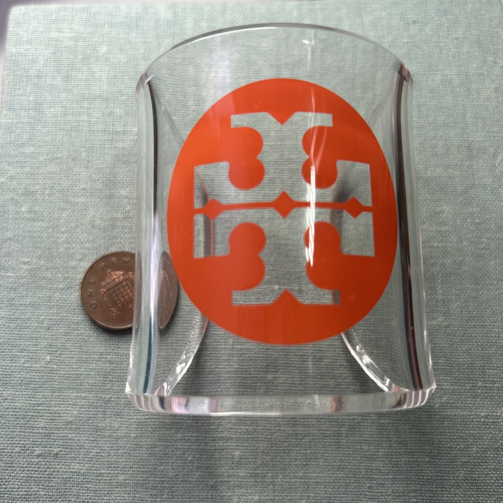 TORY BURCH White Clear Lucite Orange Logo Wide Cuff Bracelet