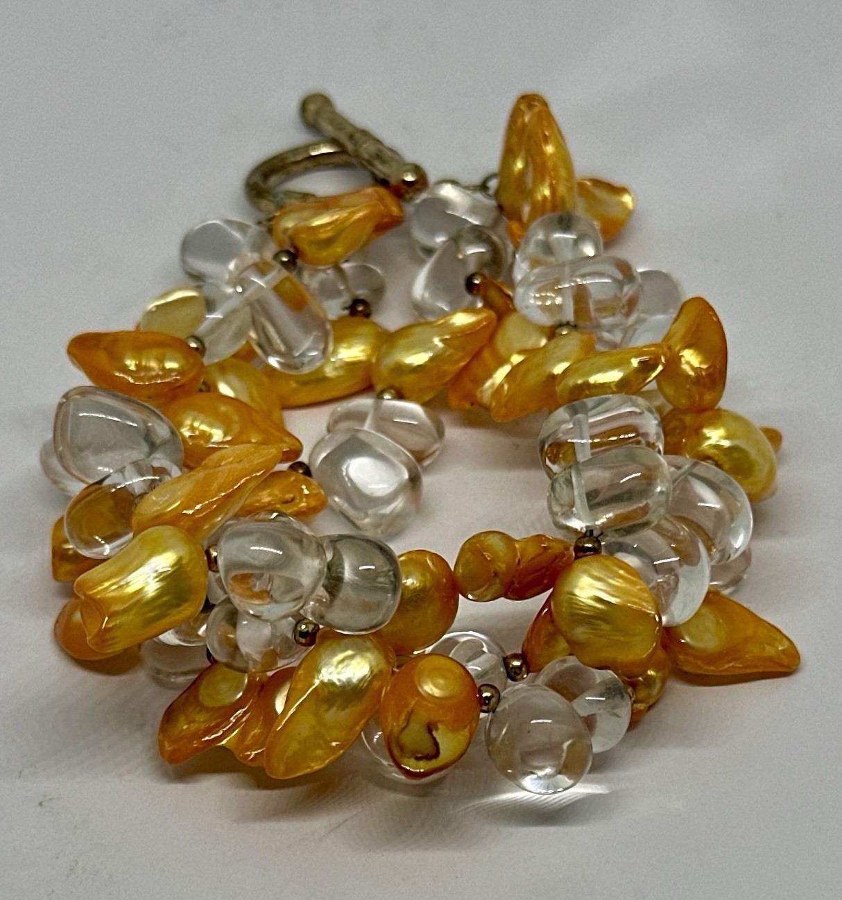 Orange Baroque Pearl and Clear Glass 3 Strand Chunky 8.5″ Bracelet