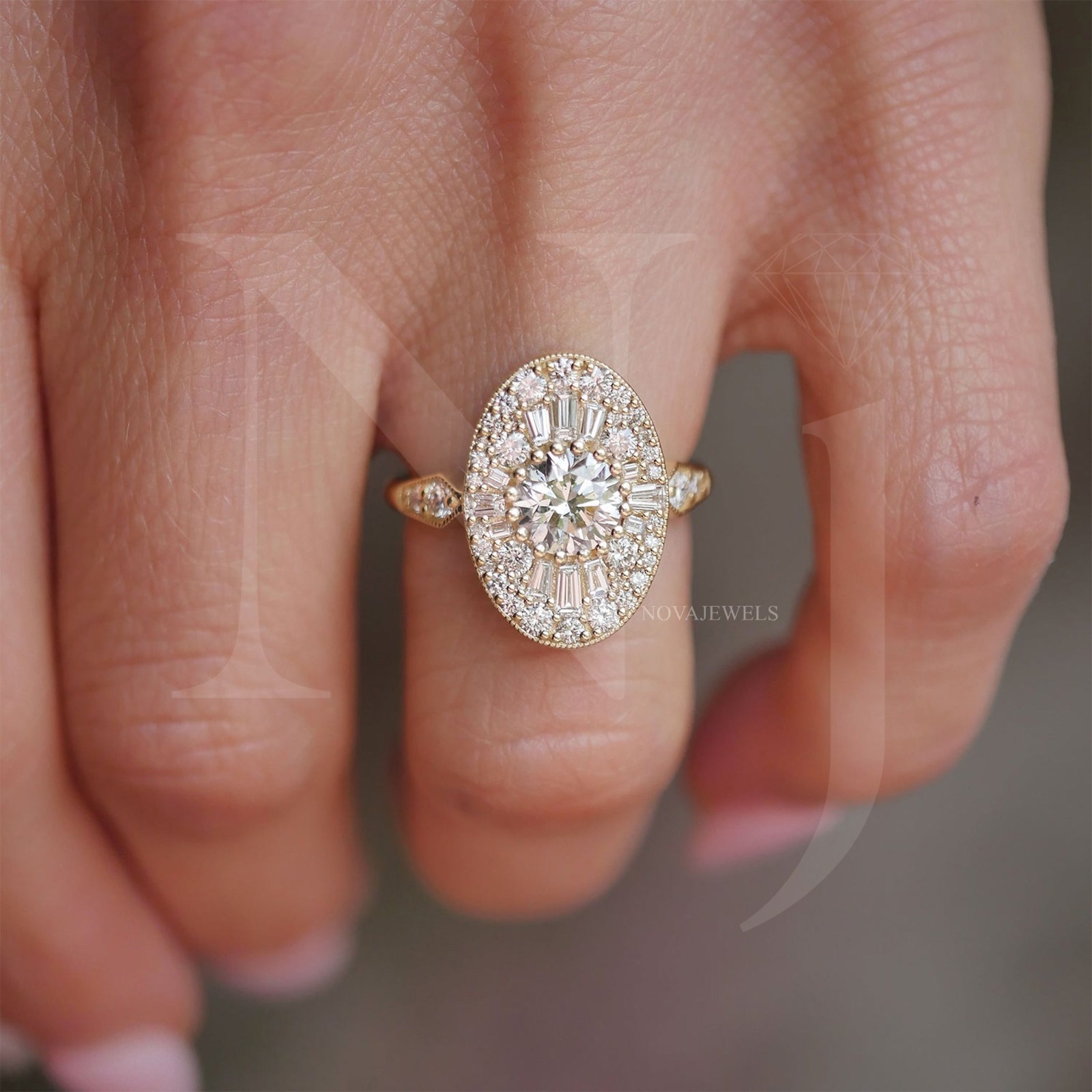 1 CT Round Cut Halo Moissanite Engagement Ring 14K Yellow Gold Plated For Women
