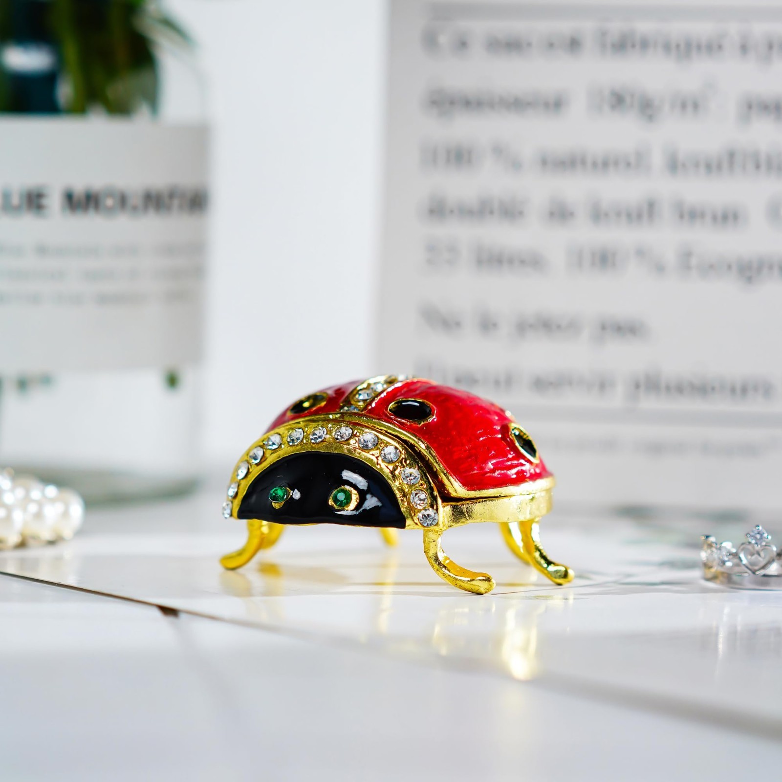 Ladybug Jewelry Box with Crystal Accents | Hinged Trinket Organizer, Keepsake Gi