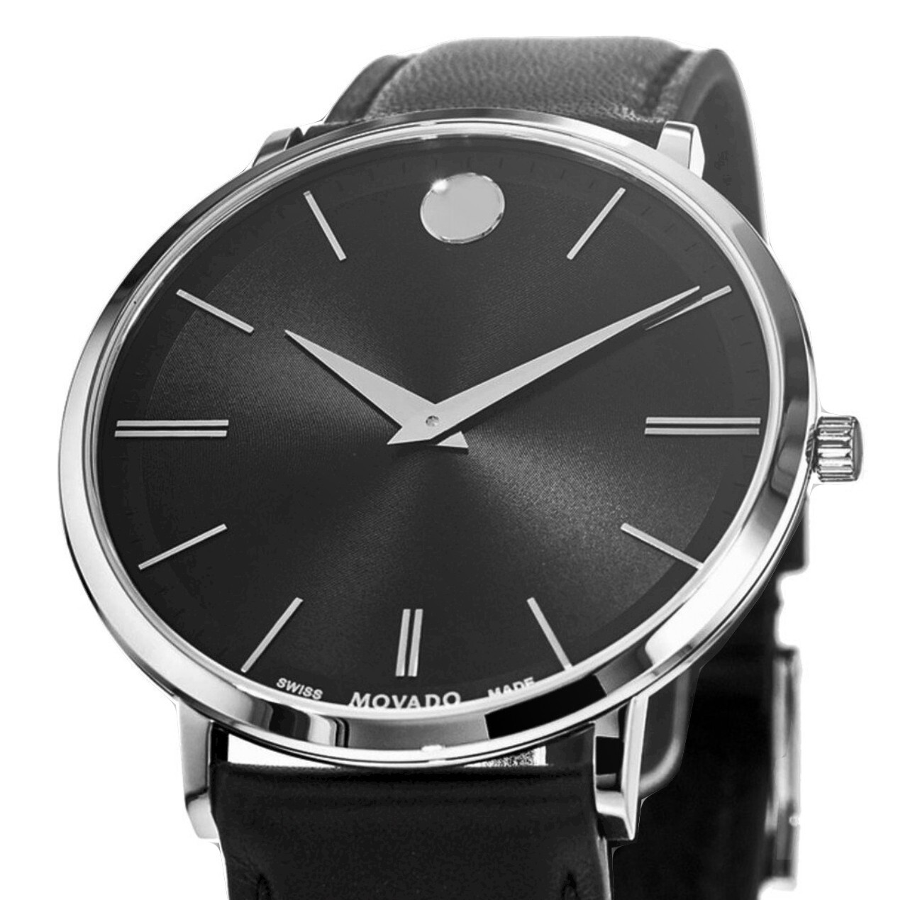 NEW MovadoUltra Slim Black Dial Leather Strap Men’s Swiss Watch 0607086