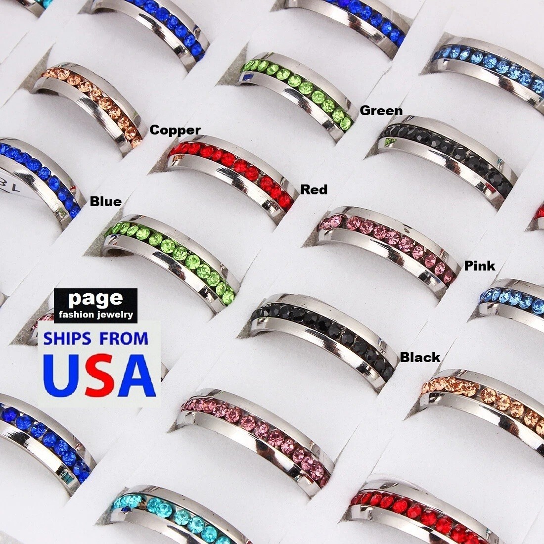 1pc Rhinestone Stainless Steel Jewelry Comfort Fit Rings 6-Colors Size 6.5 -11.5