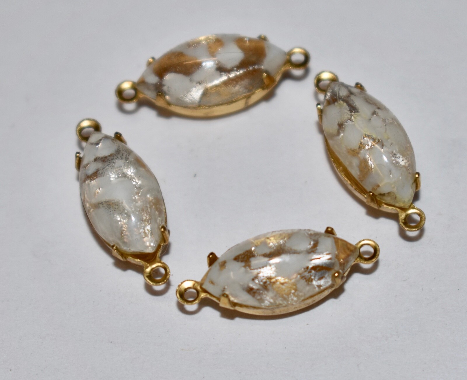 VINTAGE faux OPAL GLASS NAVETTE CONNECTOR BEADS • 15 X 7mm • SILVER WHITE OPAL