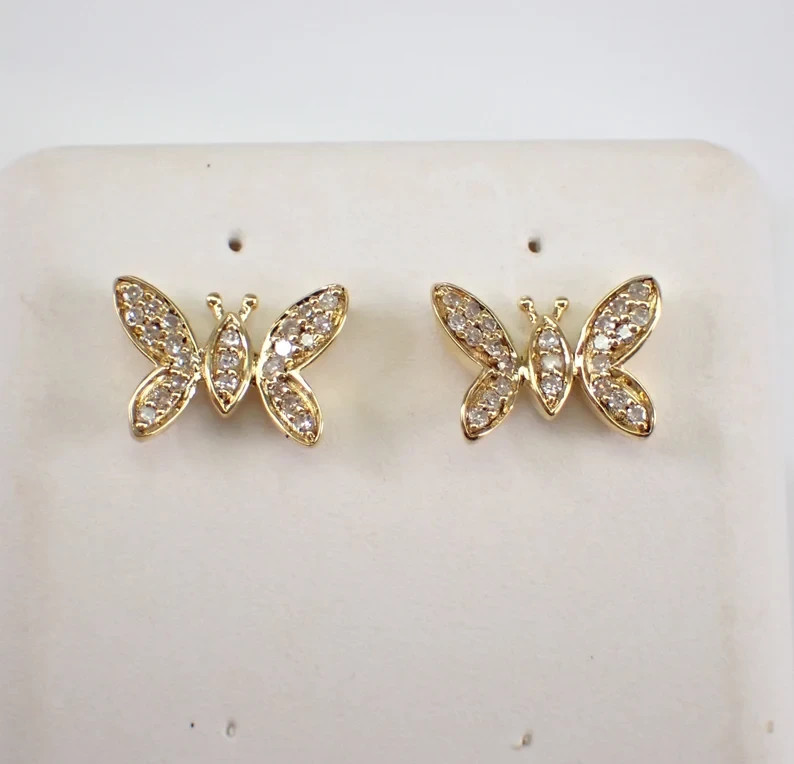 1.60Ct Round Cut Real Moissanite Butterfly Stud Earrings 14K Yellow Gold Plated