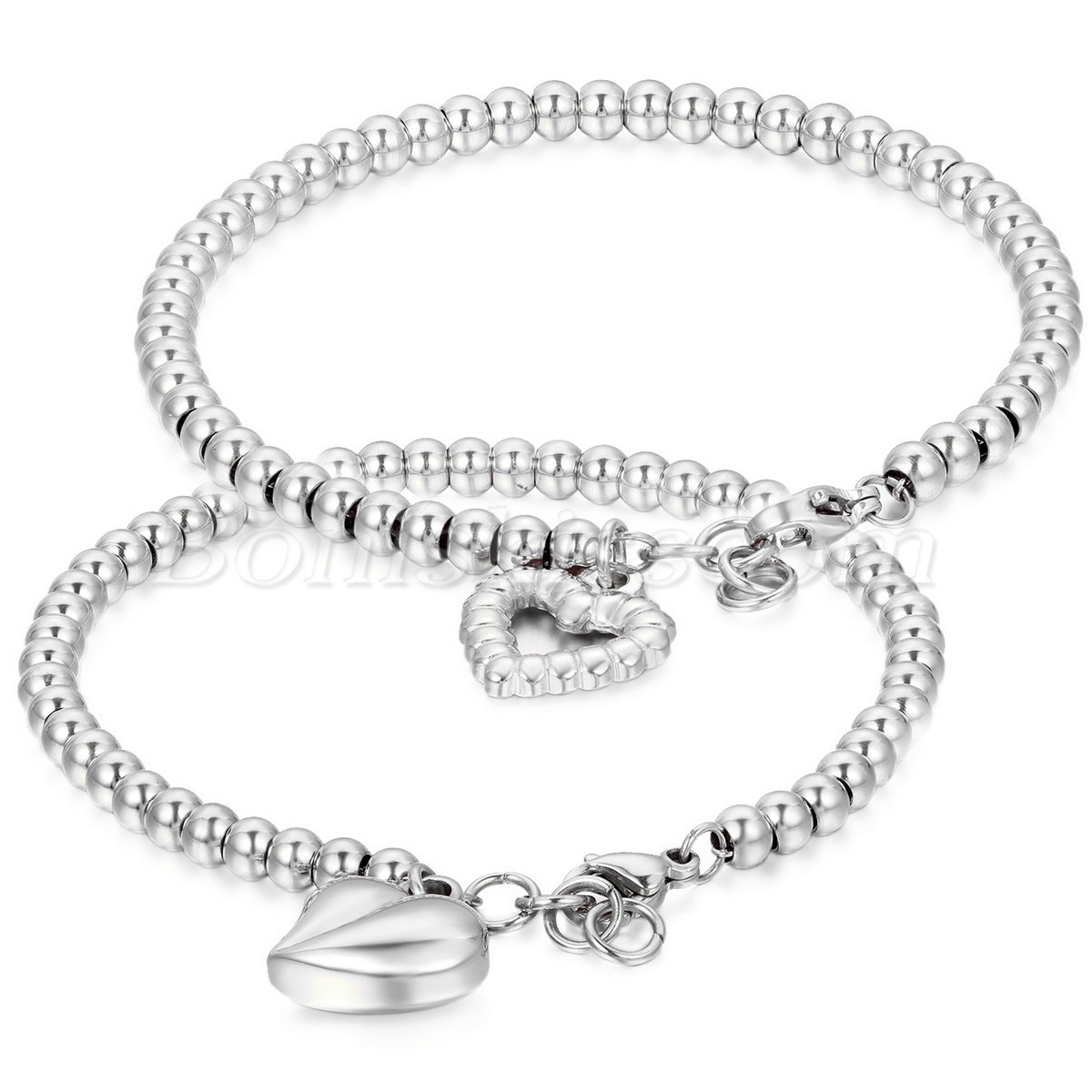 Women’s Ladies Stainless Steel Round Beaded Chain Charm Heart Dangle Bracelet