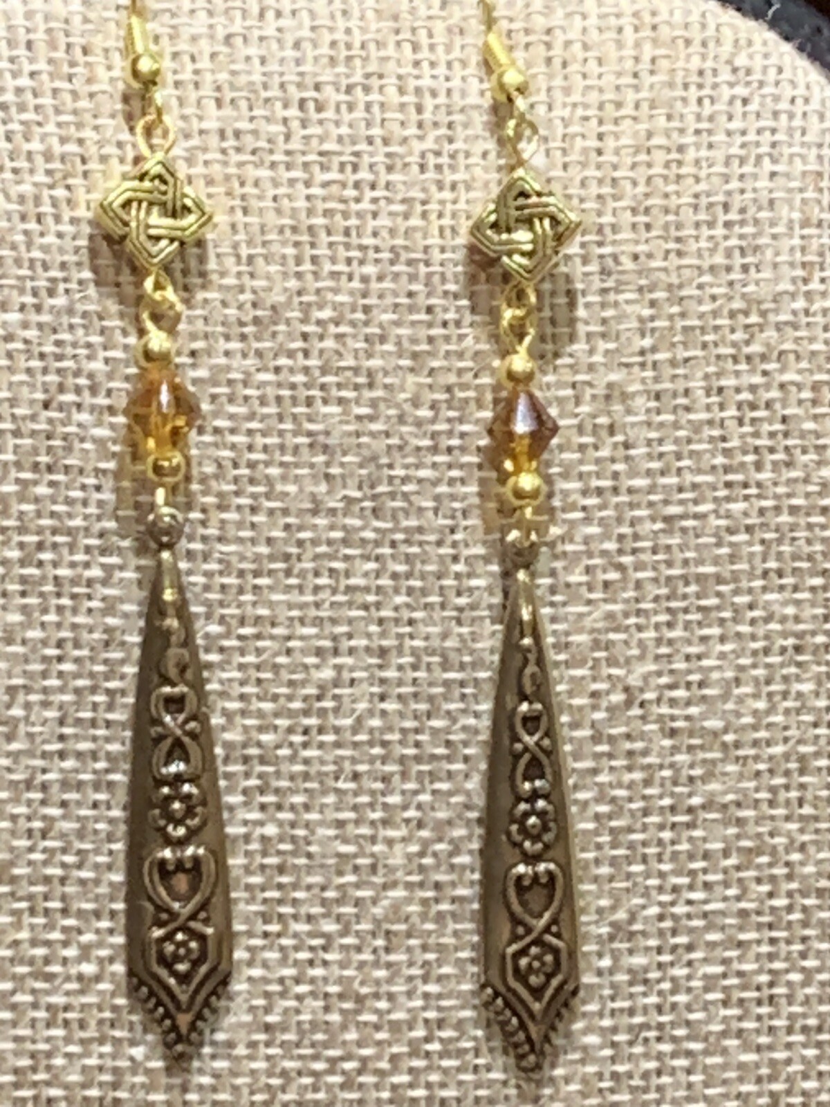 NEW ITEM* HANDCRAFTED VINTAGE EGYPTIAN REPOUSSE’ BRASS DROP & CRYSTAL EARRINGS
