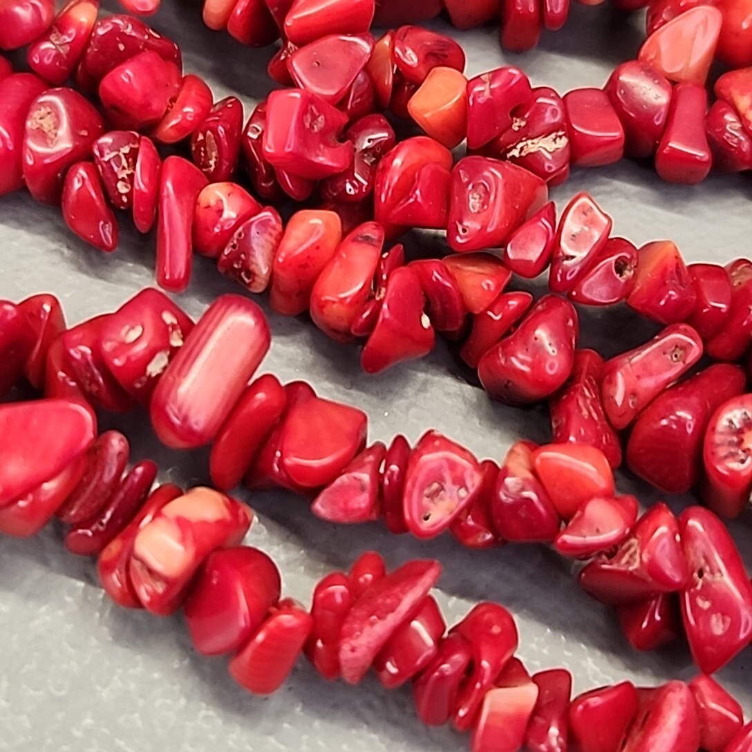 Necklace Red Dyed Coral Chip Beaded Polished Beach Sea Life 38″