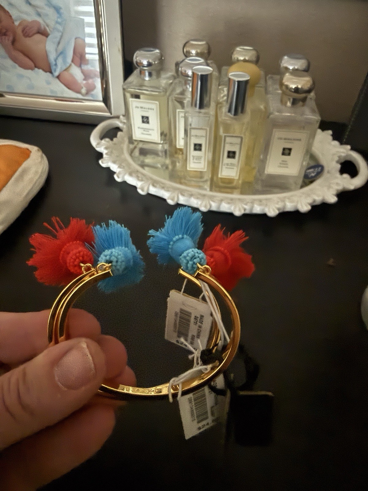 2 Gold Tone Bangle Bracelet w/ Red & Blue Tassel Charms, Gold Red Blue