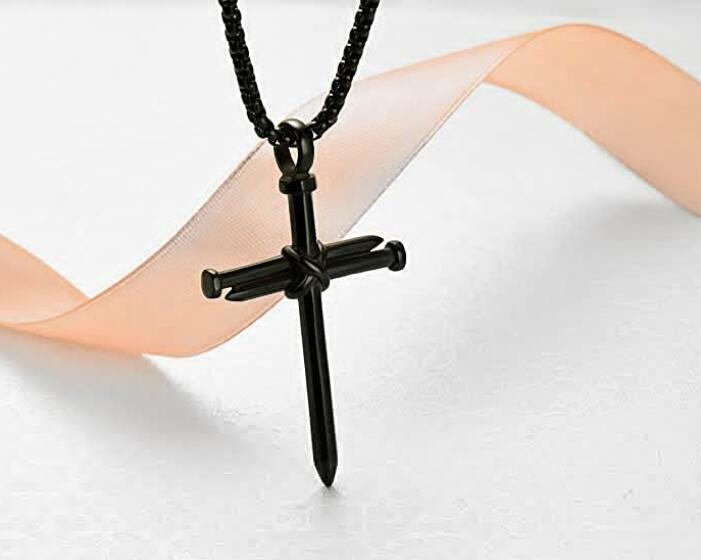 Black Stainless Steel Nail Cross Pendant Necklace For Men Boy 3mm 24” Box Chain