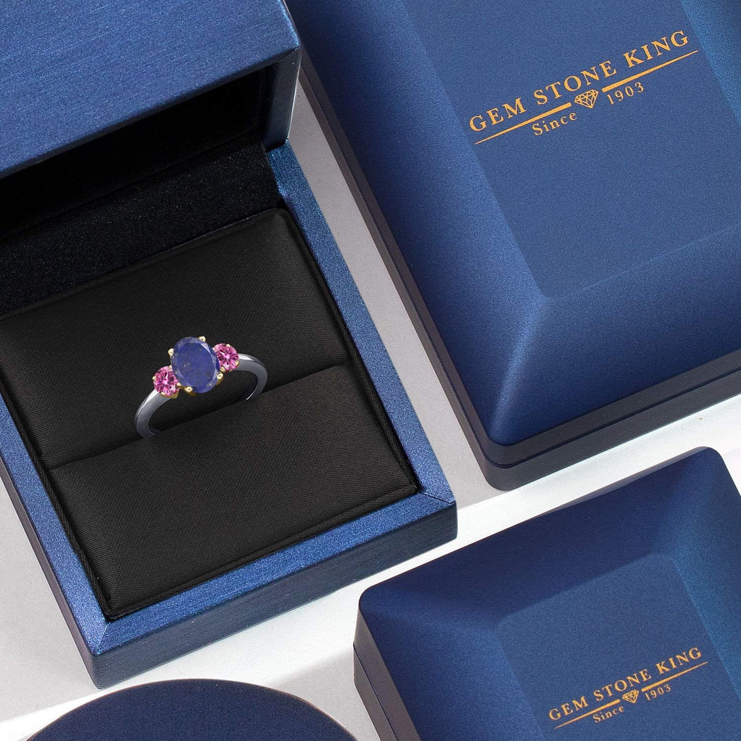 925 Silver and 10K Yellow Gold Blue Lapis and Pink Moissanite Engagement Ring