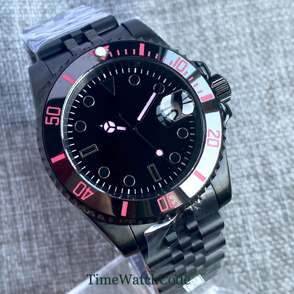 40mm Sapphire Automatic Mechanical Mens Watch NH35 Date Black PVD Steel Bracelet