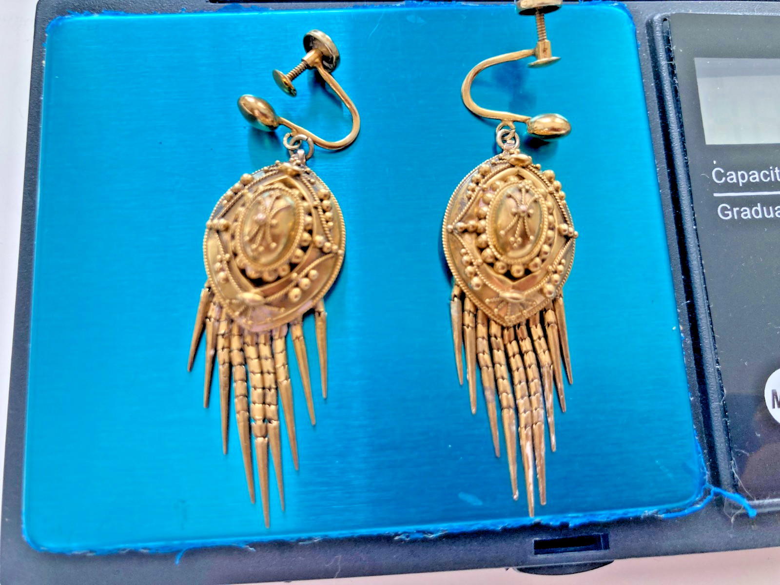 Antique 18k Gold Etruscan Tassel Screw Back Earrings Mint BIN