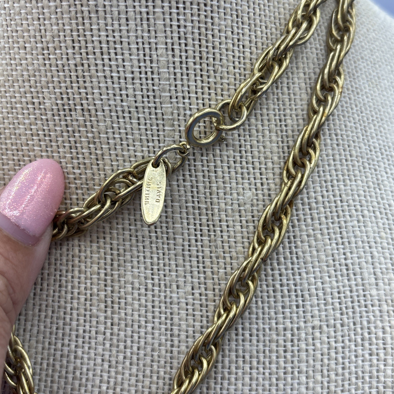 Vintage Whiting Davis Art Nouveau Lady Compact Locket Necklace 30” Gold Tone