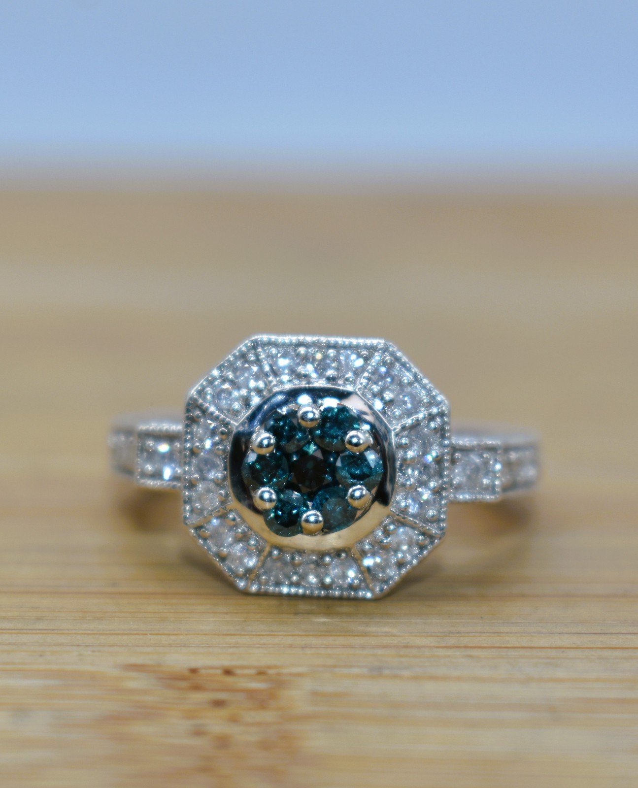 0.57 CT TW Treated Blue & White Diamonds Sterling Silver Halo Ring Size 8-1/4
