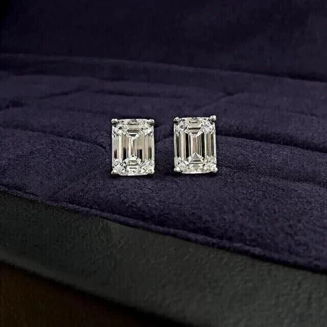 4Ct Emerald Cut Lab Created Diamond Women’s Stud Earrings 14 K White Gold Plated