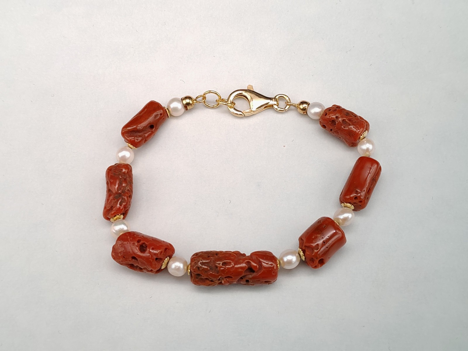 Women’s Red Coral Sardinian Bracelet Natural Real Pearl Silver 925 Gold Plac