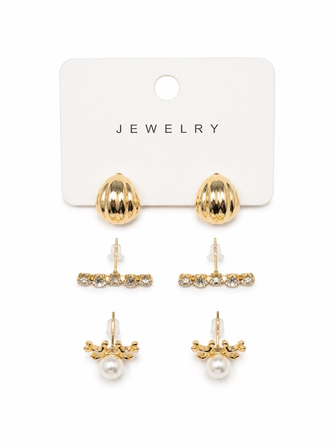 3 Pairs Gold Tone Stud Earrings Set Pearl Crown Rhinestone Gift Box Included